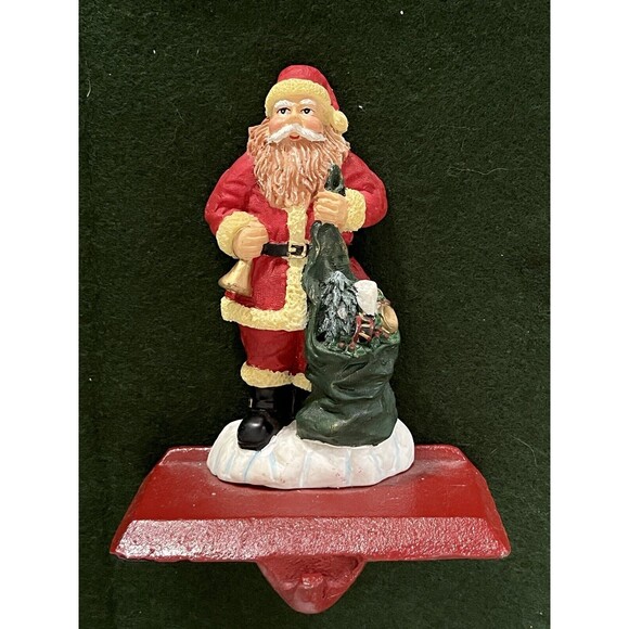 Christmas Stocking Hanger Holder Santa Claus w/Toy Cast Iron Base Resin - Picture 4 of 5